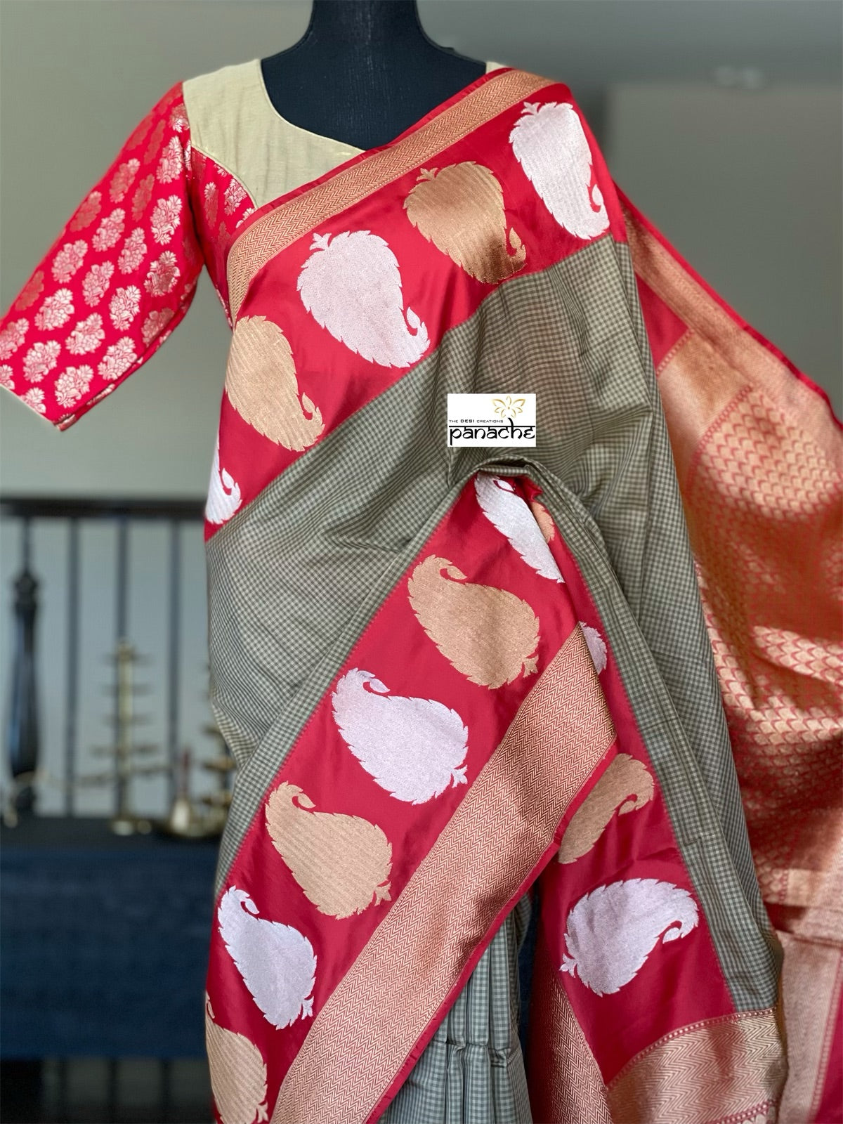 Pure Silk Katan Banarasi - Sage Green Grey Checks Kadwa Paisley