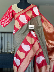 Pure Silk Katan Banarasi - Sage Green Grey Checks Kadwa Paisley