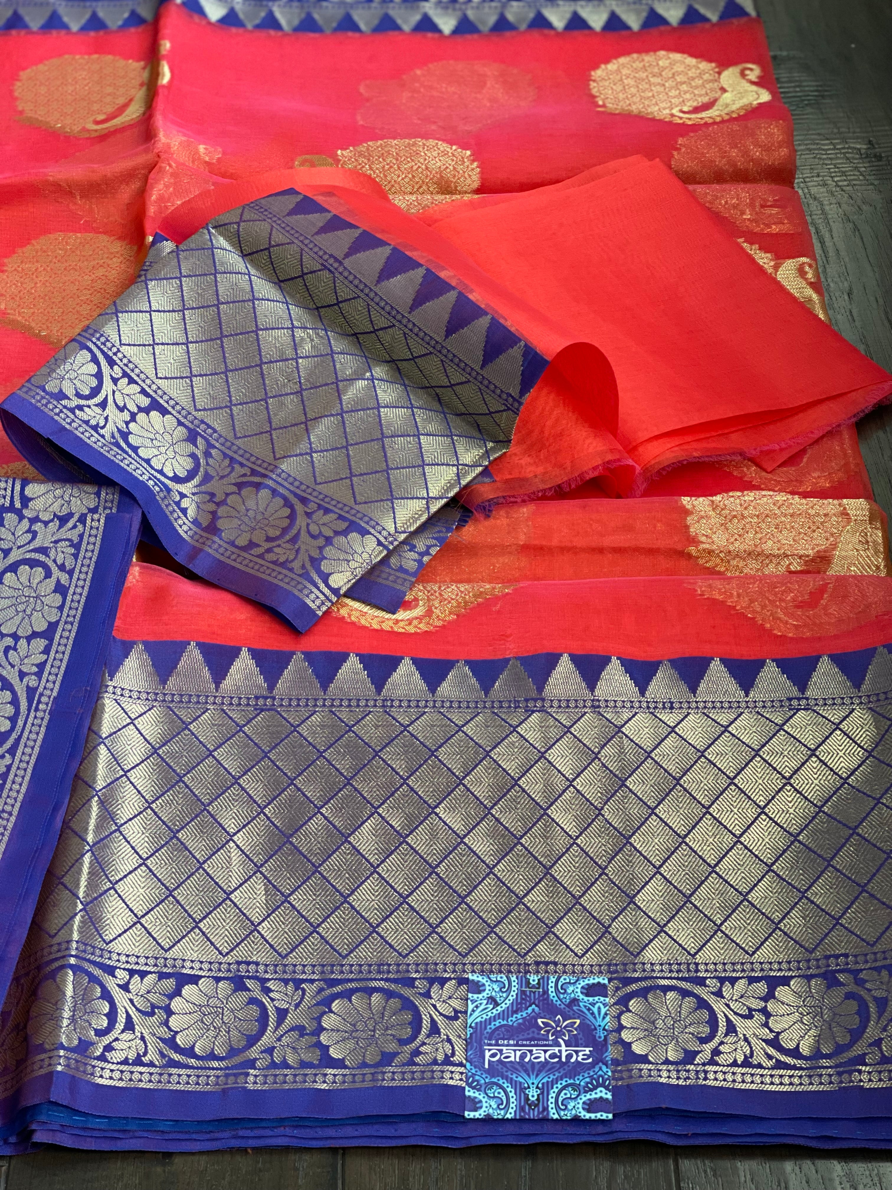 Kora Silk Banarasi - Pink Orange Dual shaded