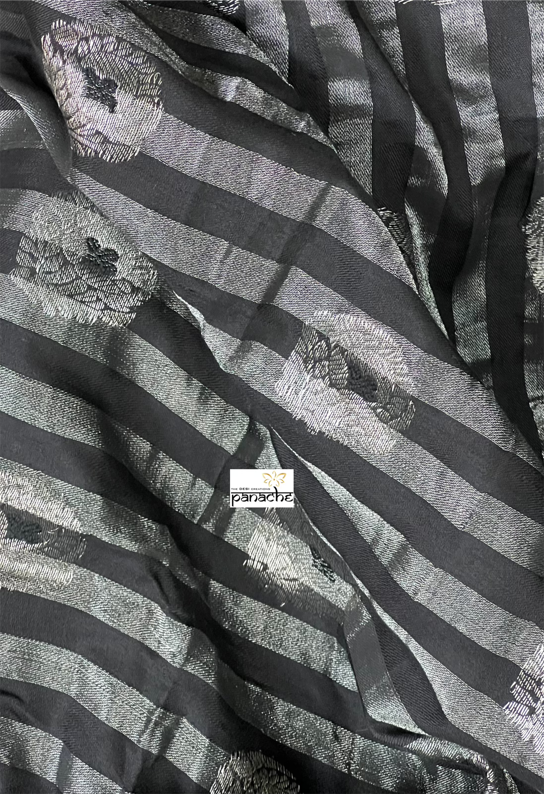 Pure Linen Matka Silk - Black Silver Zari