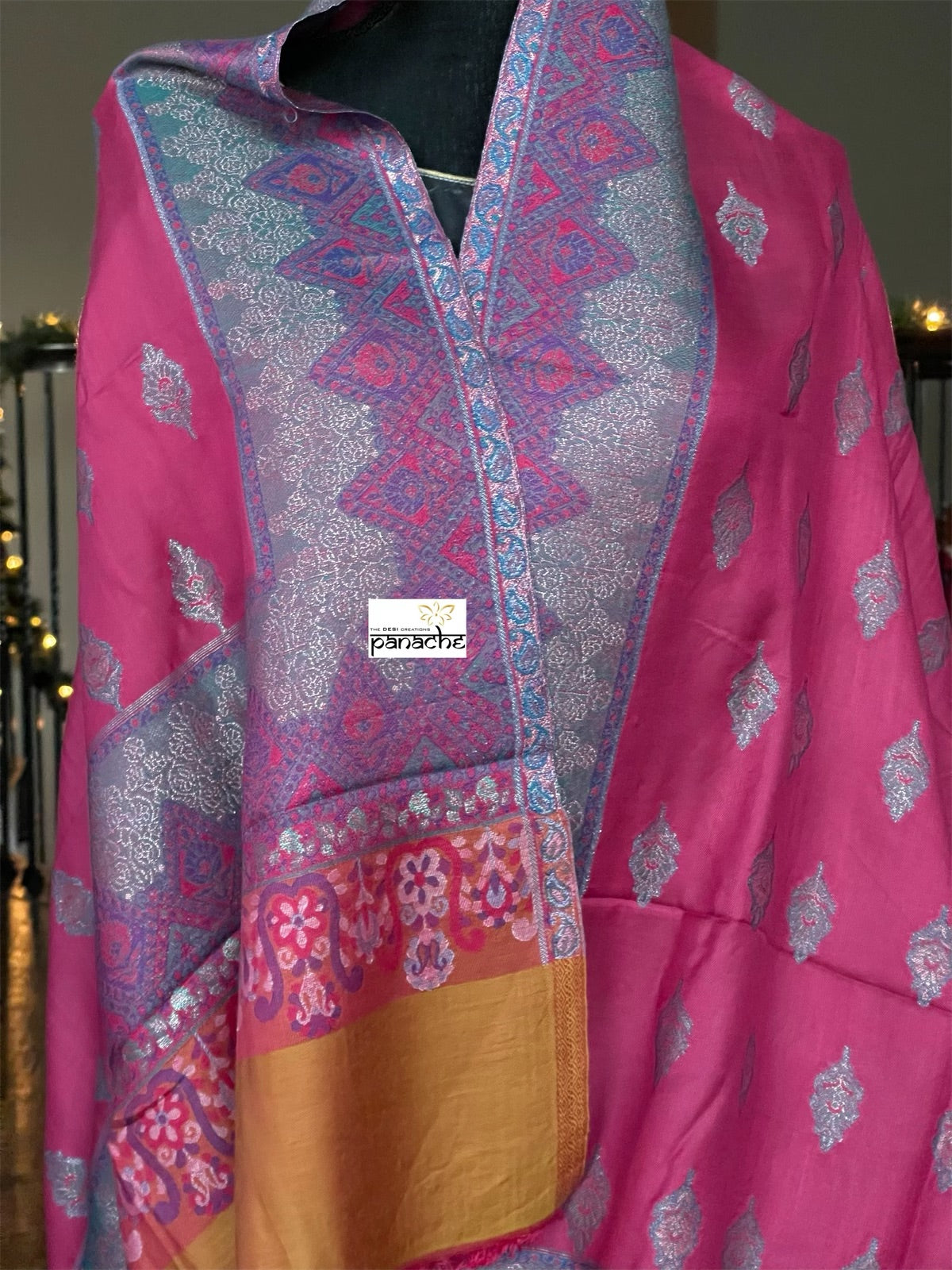 Kashmiri Semi Pashmina Stole - Pink Mustard Purple