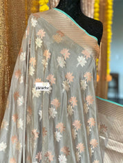 Pure Katan Silk Banarasi - Grey Kadhwa woven