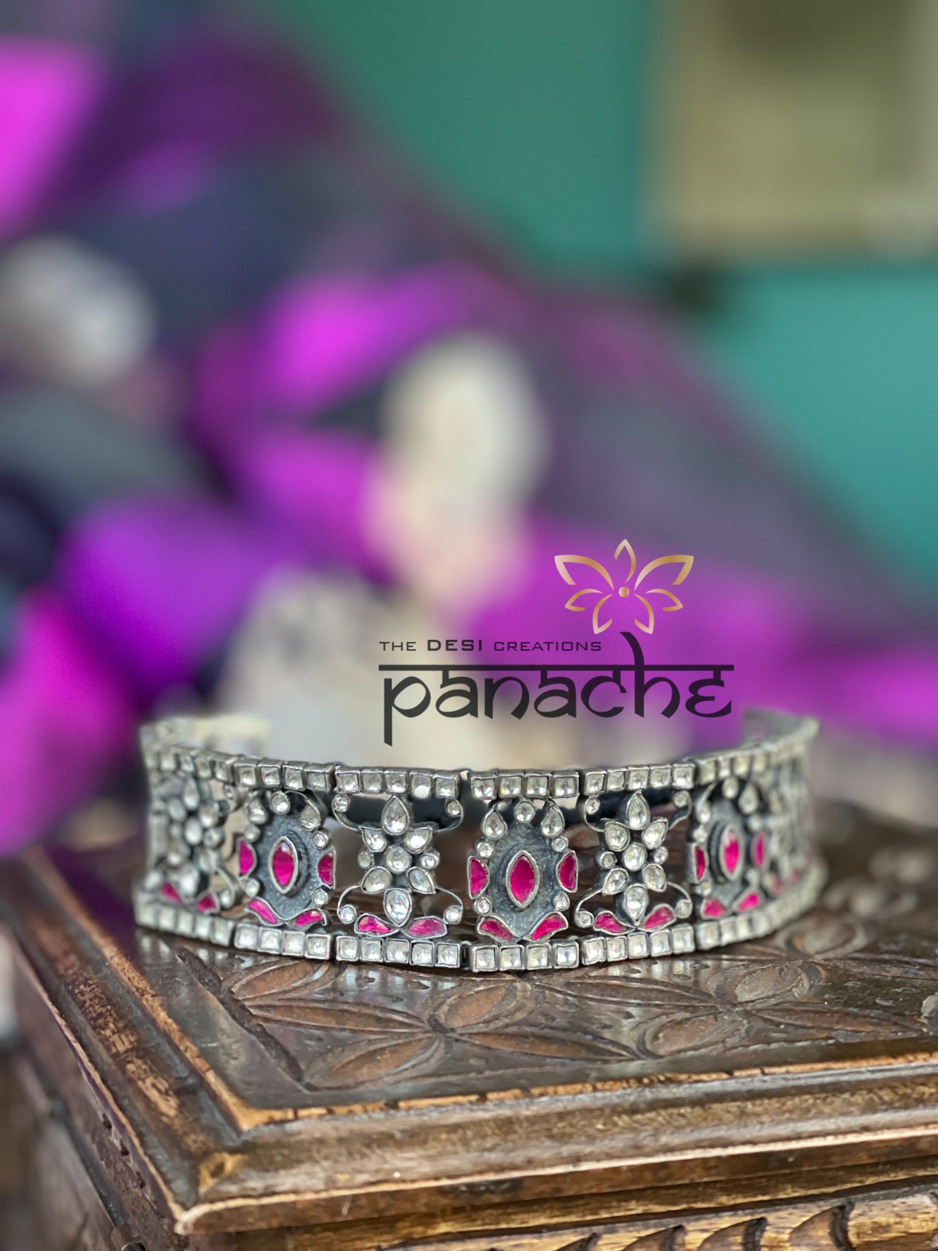 Silver 925 Choker Set - Silver Pink Kundan Stone