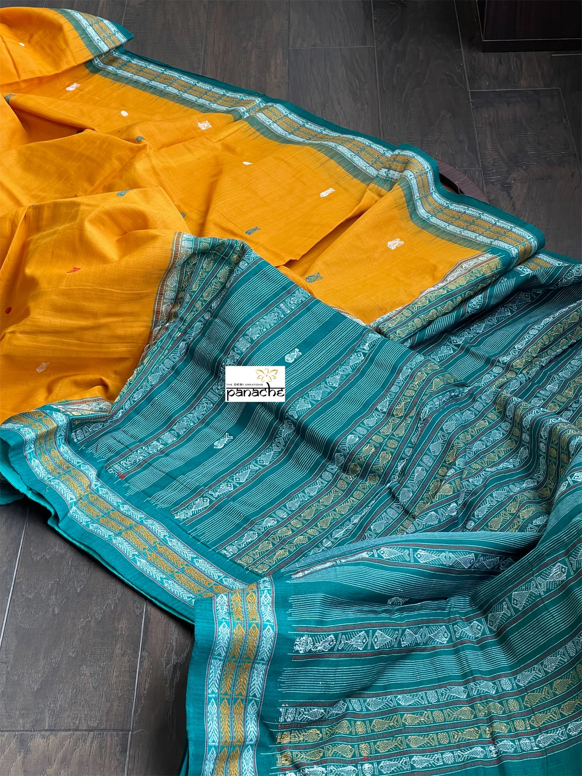 Pure Habaspuri Cotton Handloom - Golden Yellow Teal Green