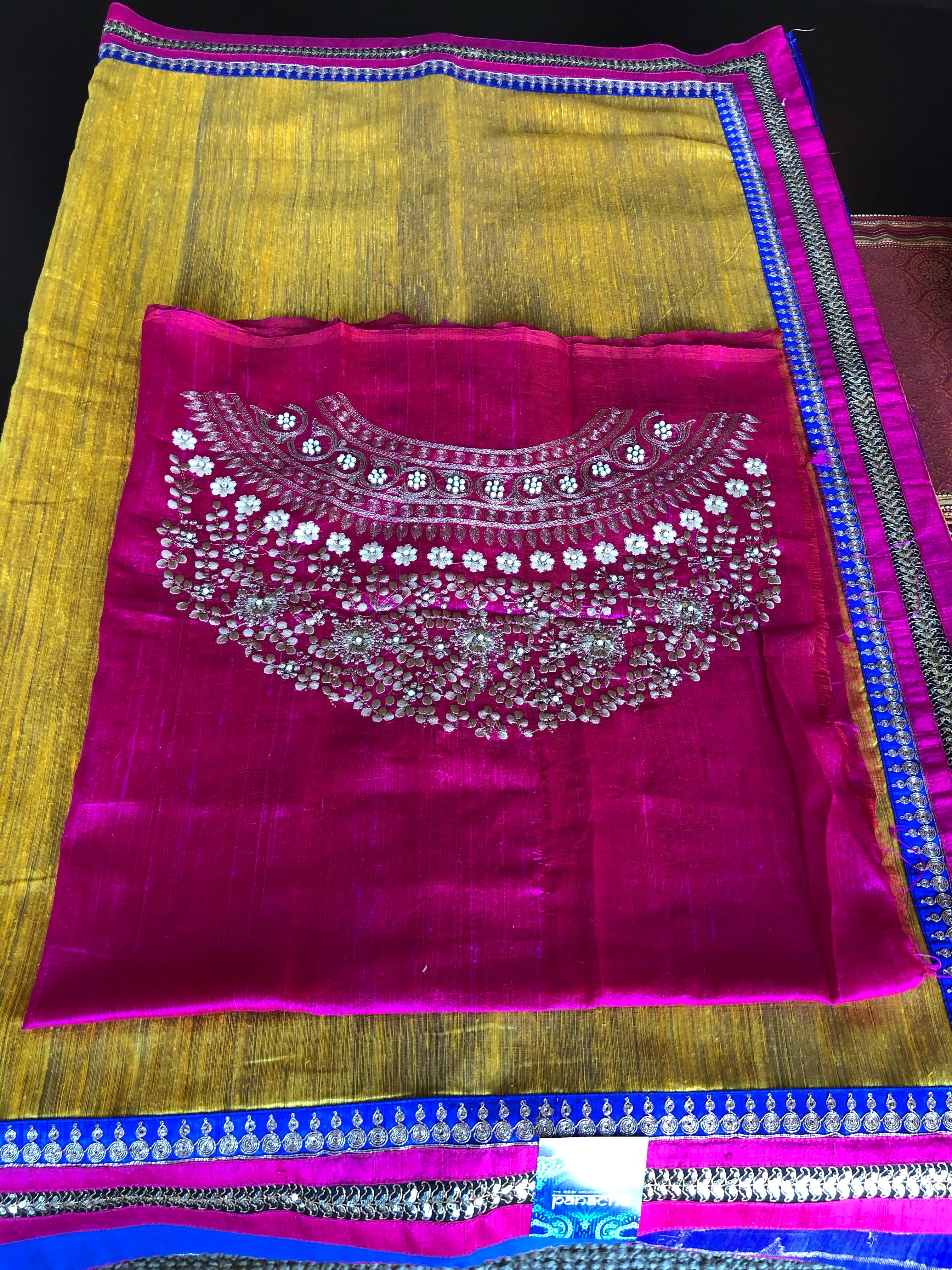 Designer Tussar Silk - Yellow Blue Half Half