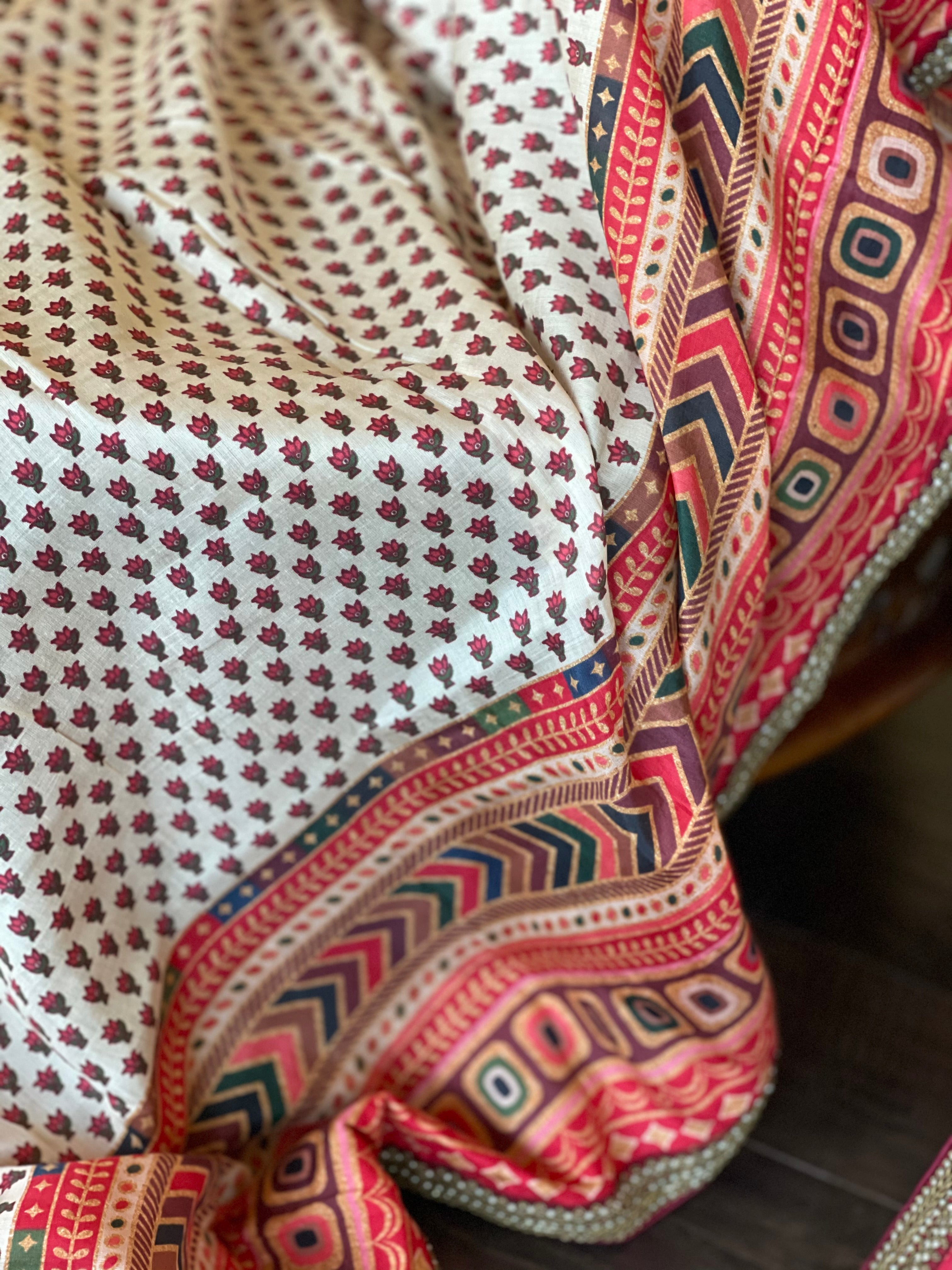 Satin Maslin Silk Printed - Beige Maroon Green