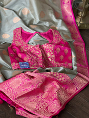 Katan Silk Banarasi - Silver Grey Magenta