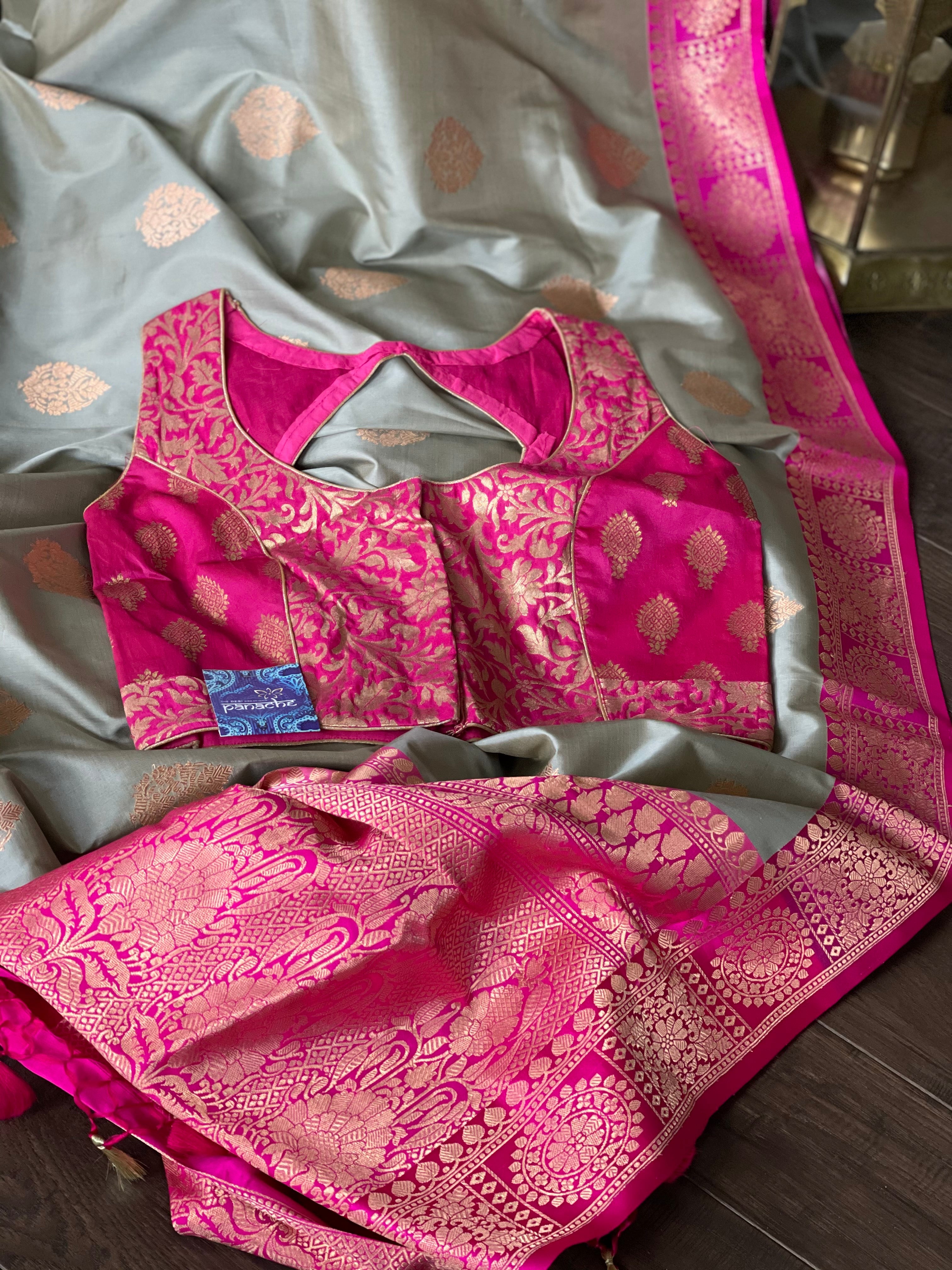 Katan Silk Banarasi - Silver Grey Magenta
