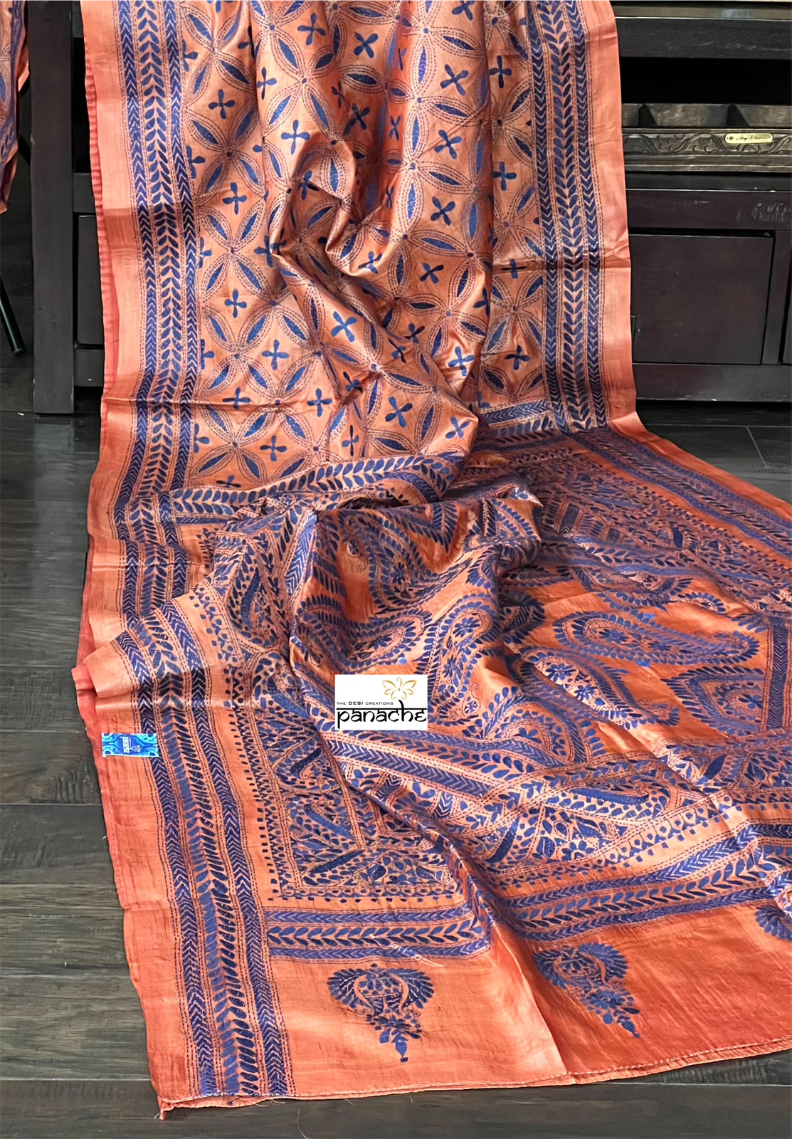 Pure Tussar Silk Kantha Stitch -  Rust Orange