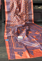 Pure Tussar Silk Kantha Stitch -  Rust Orange