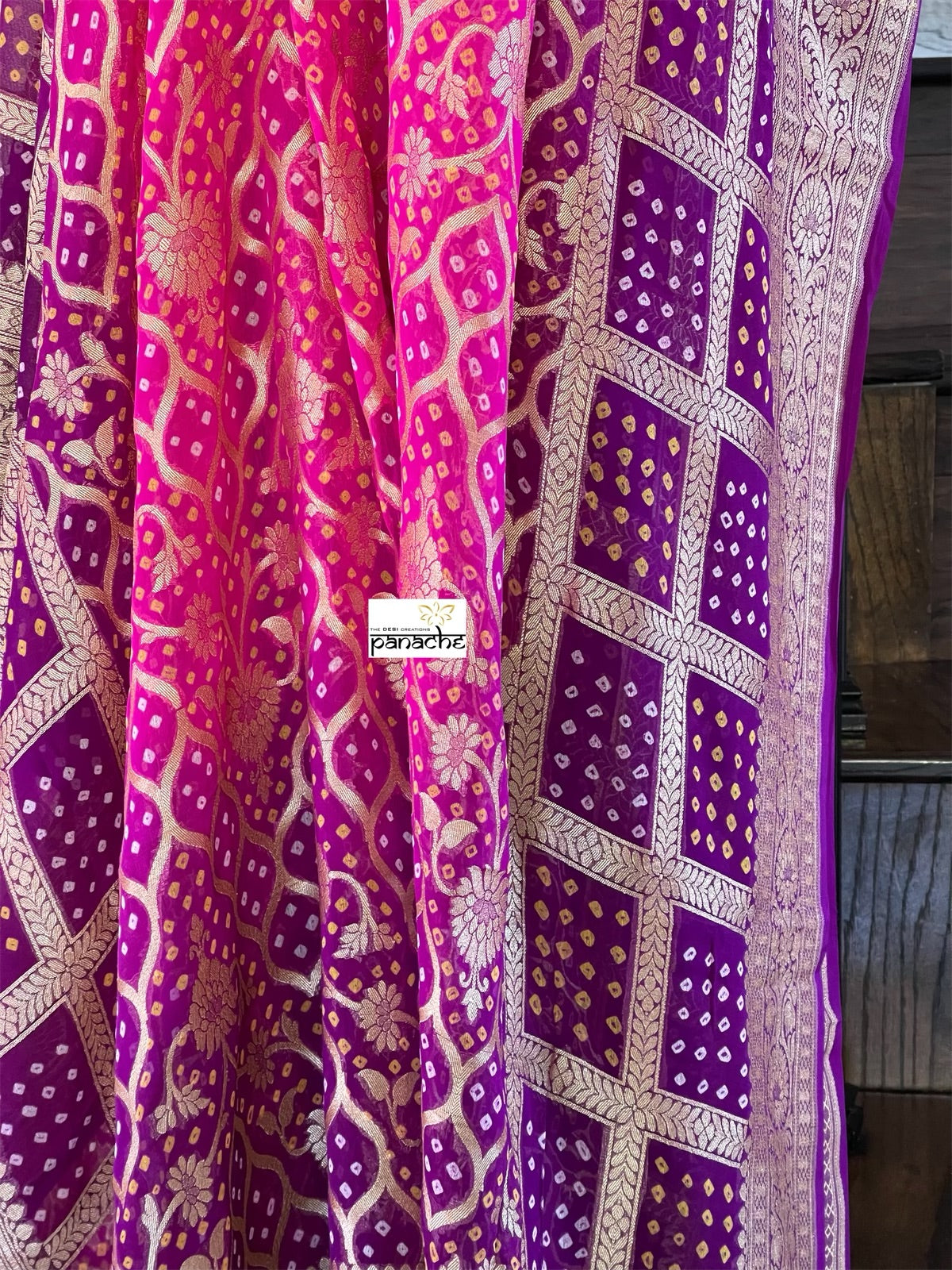 Bandhej Khaddi Georgette Banarasi - Pink Purple