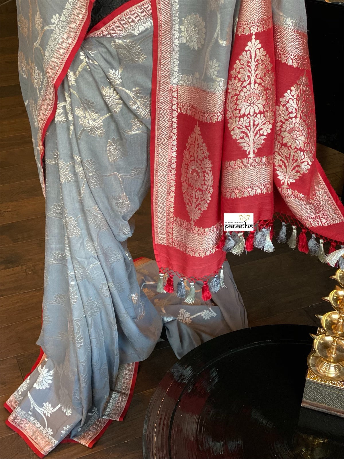 Muga Silk Banarasi - Grey Red Silver Zari