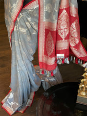 Muga Silk Banarasi - Grey Red Silver Zari