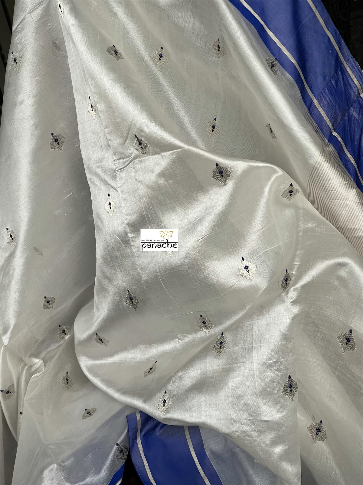 Pure Chanderi Pattu Silk - Off white Blue Eknaliya Woven Meenakari