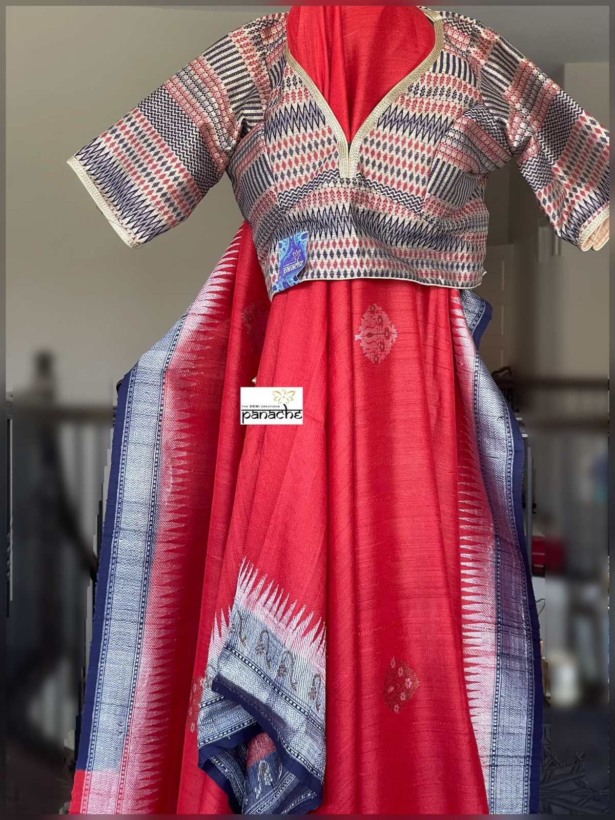 Tussar Georgette Banarasi - Red Navy Blue Kadwa