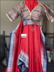Tussar Georgette Banarasi - Red Navy Blue Kadwa
