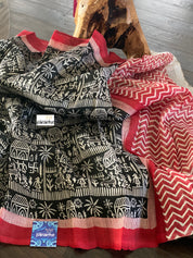 Pure Murshidabad Silk - Black White Red Printed