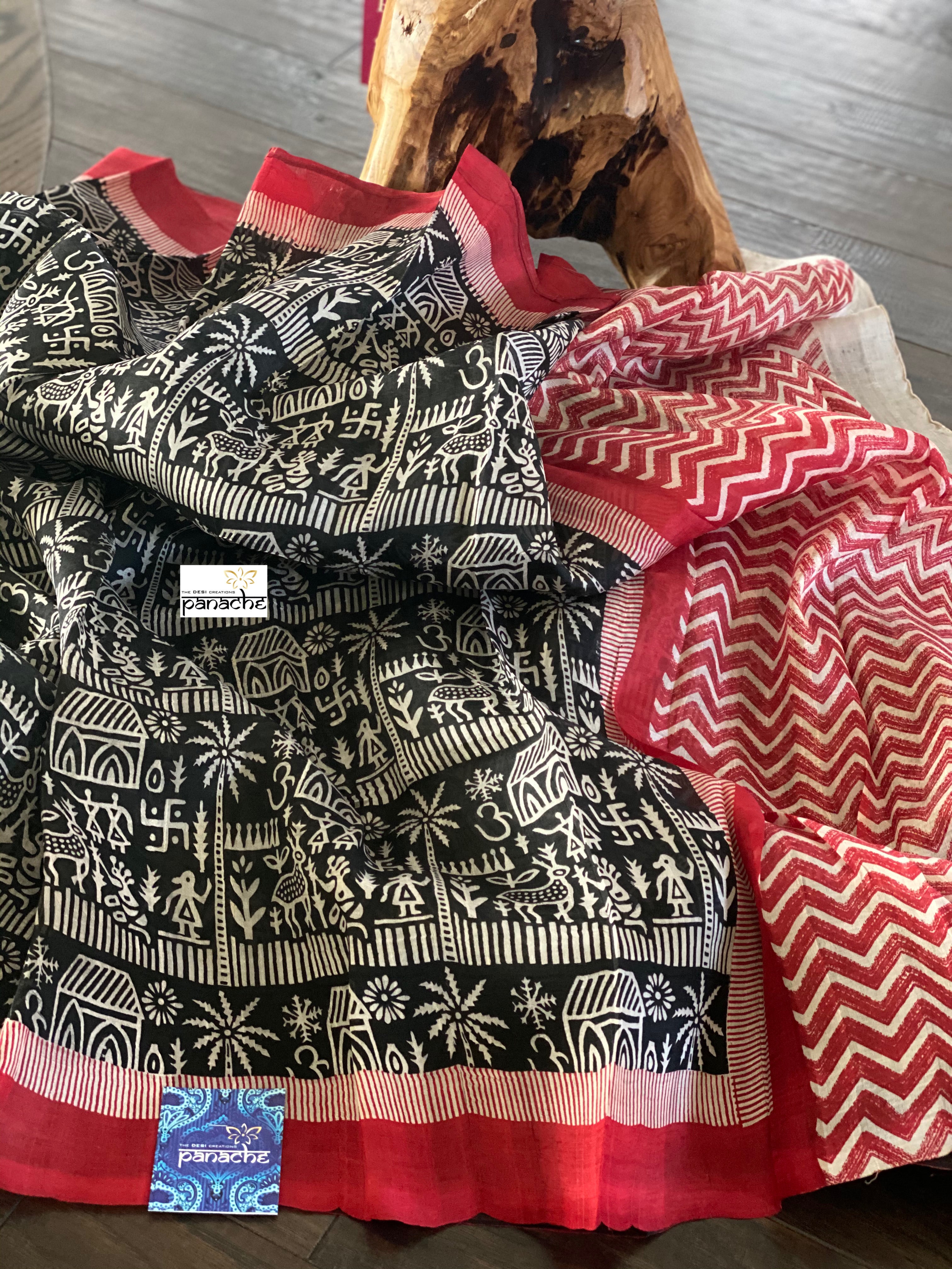Pure Murshidabad Silk - Black White Red Printed