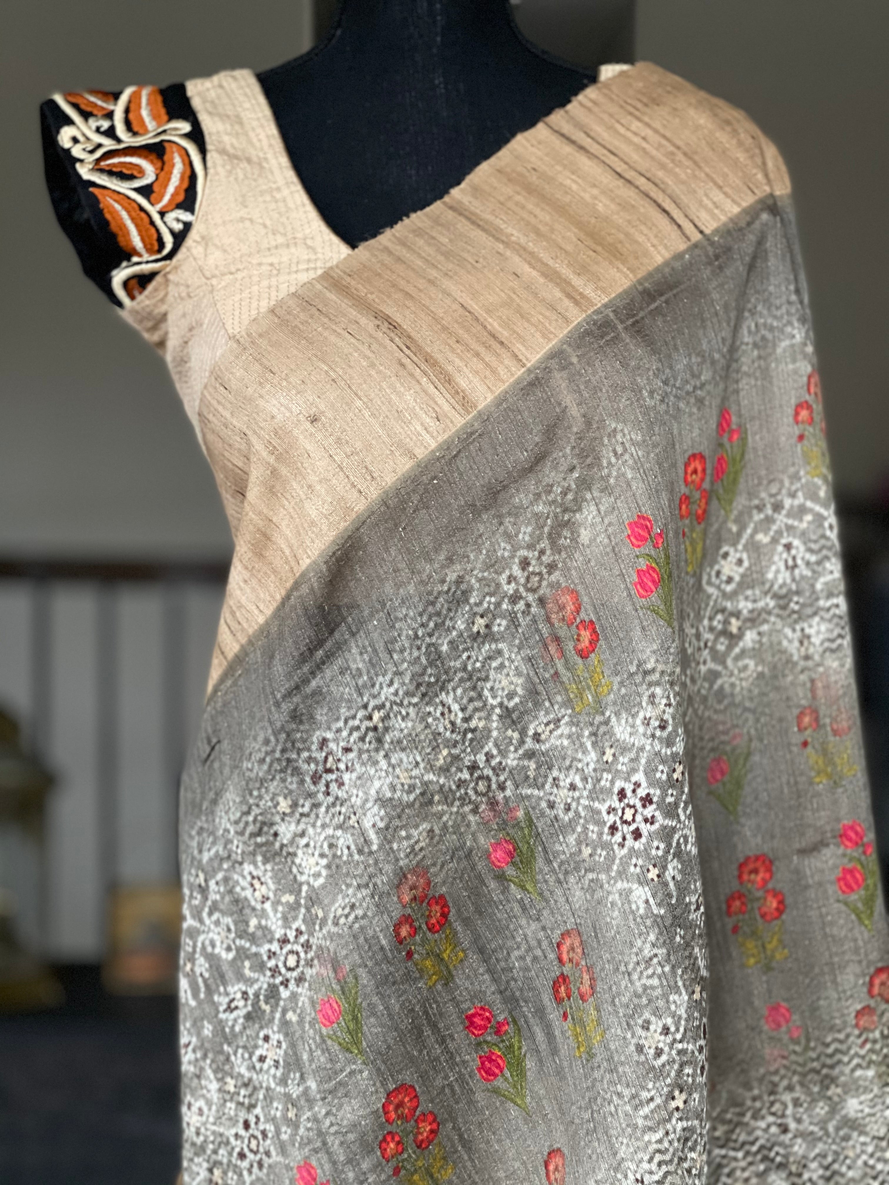 Designer Blouse - Beige Black Embroidered