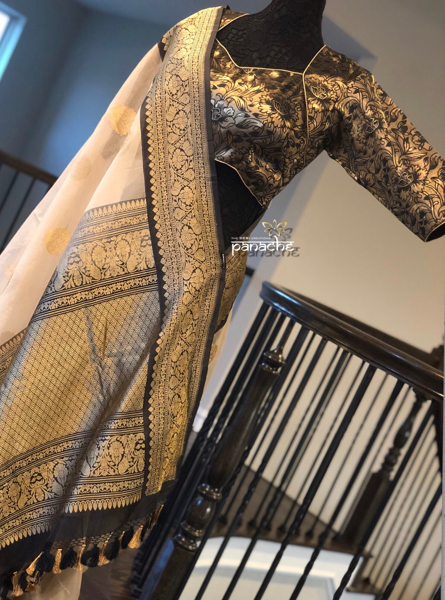 Designer Blouse - Black Zari Jangla woven