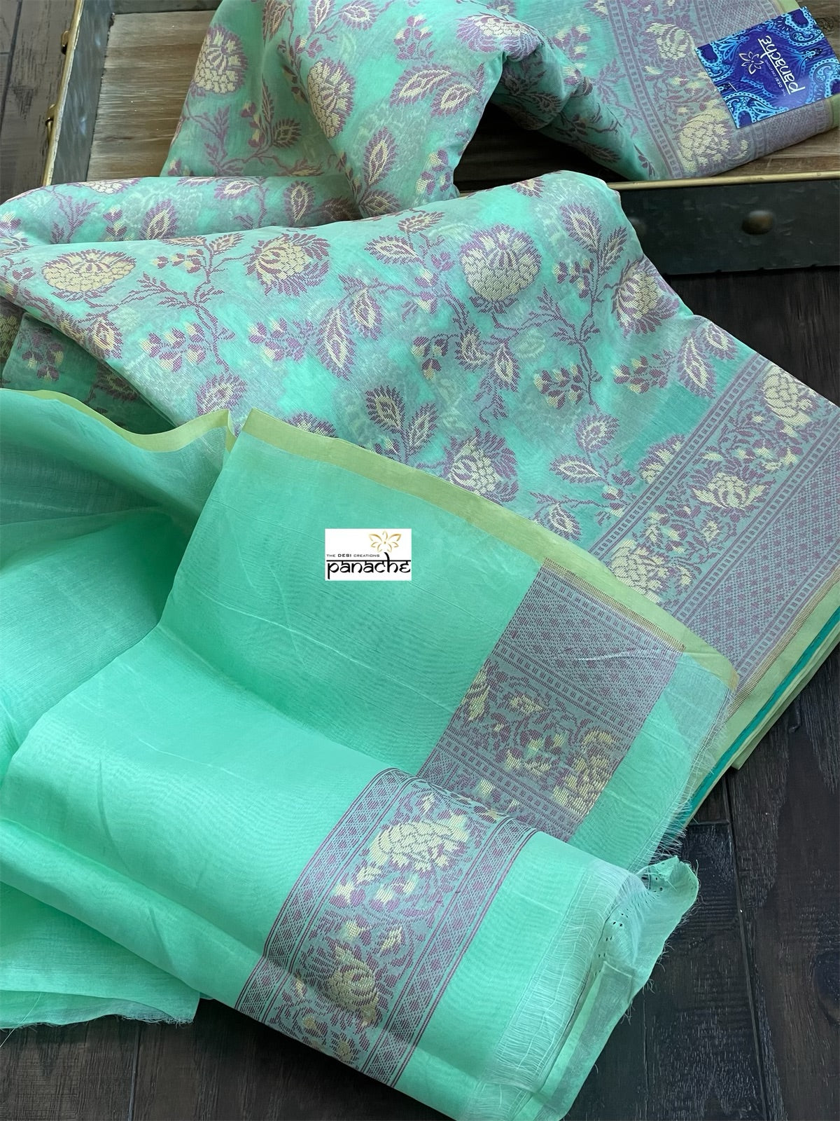 Kora Cotton Banarasi - Mint Green Violet