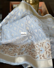 Pure Katan Silk Banarasi - Silver Grey Paithani