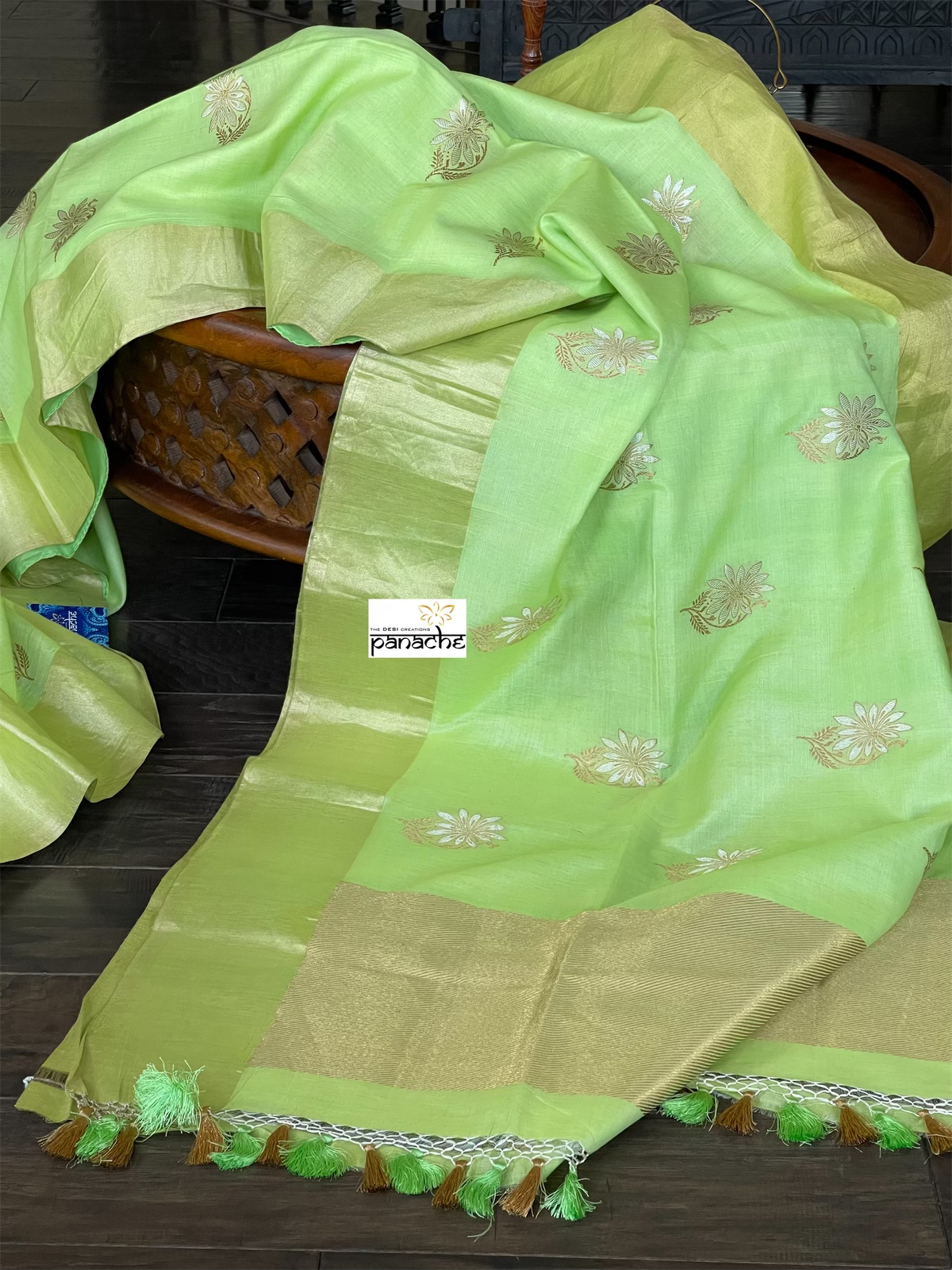 Pure Malmal Cotton Banarasi - Pista Green Kadwa Zari Woven