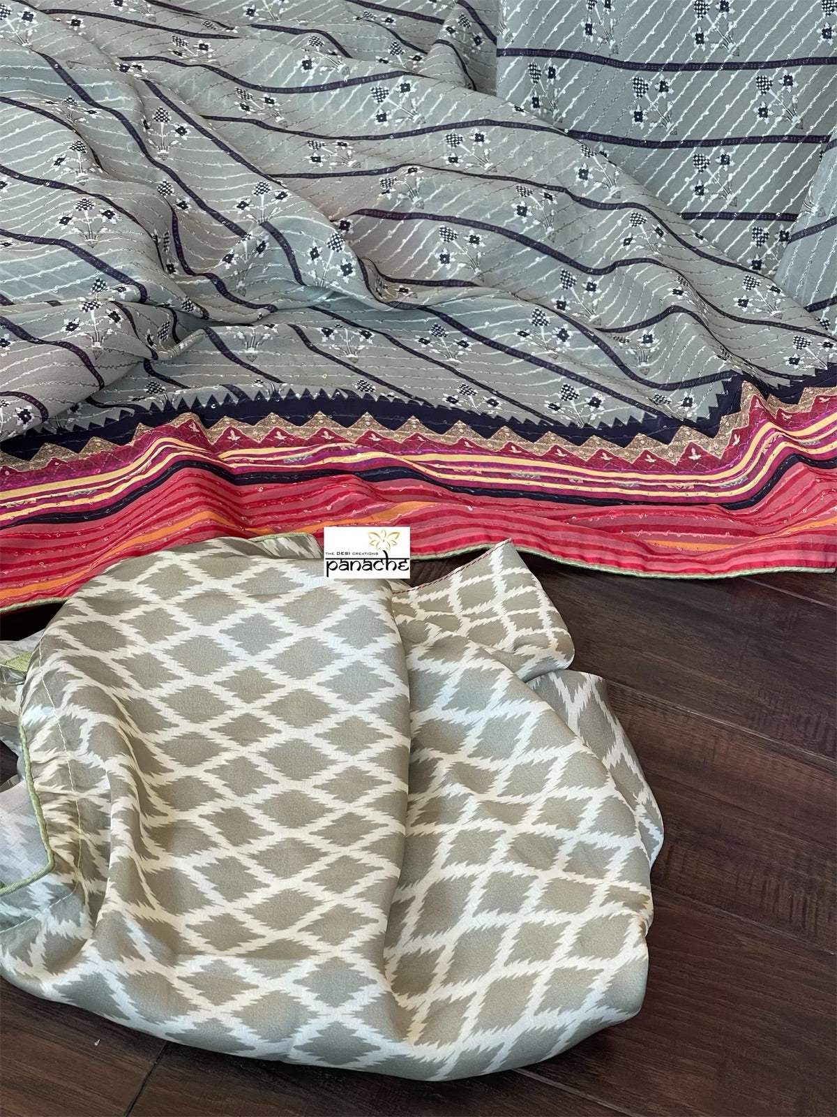 Designer Inspired Georgette Saree - Moss Grey Black Sequin