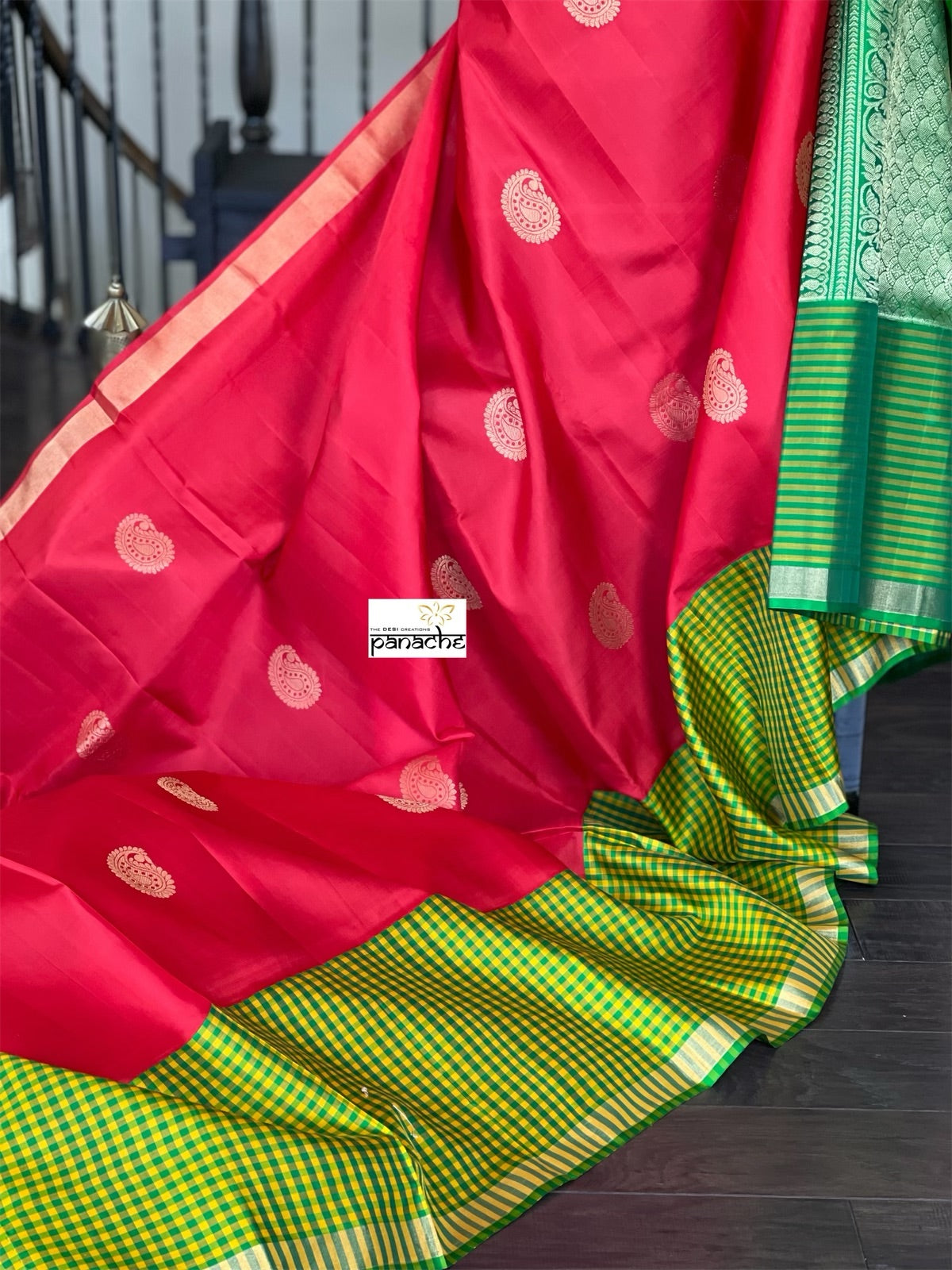 Pure Silk Kanjivaram - Red Green Paisley