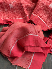 Linen Printed - Red Rust Silver Zari