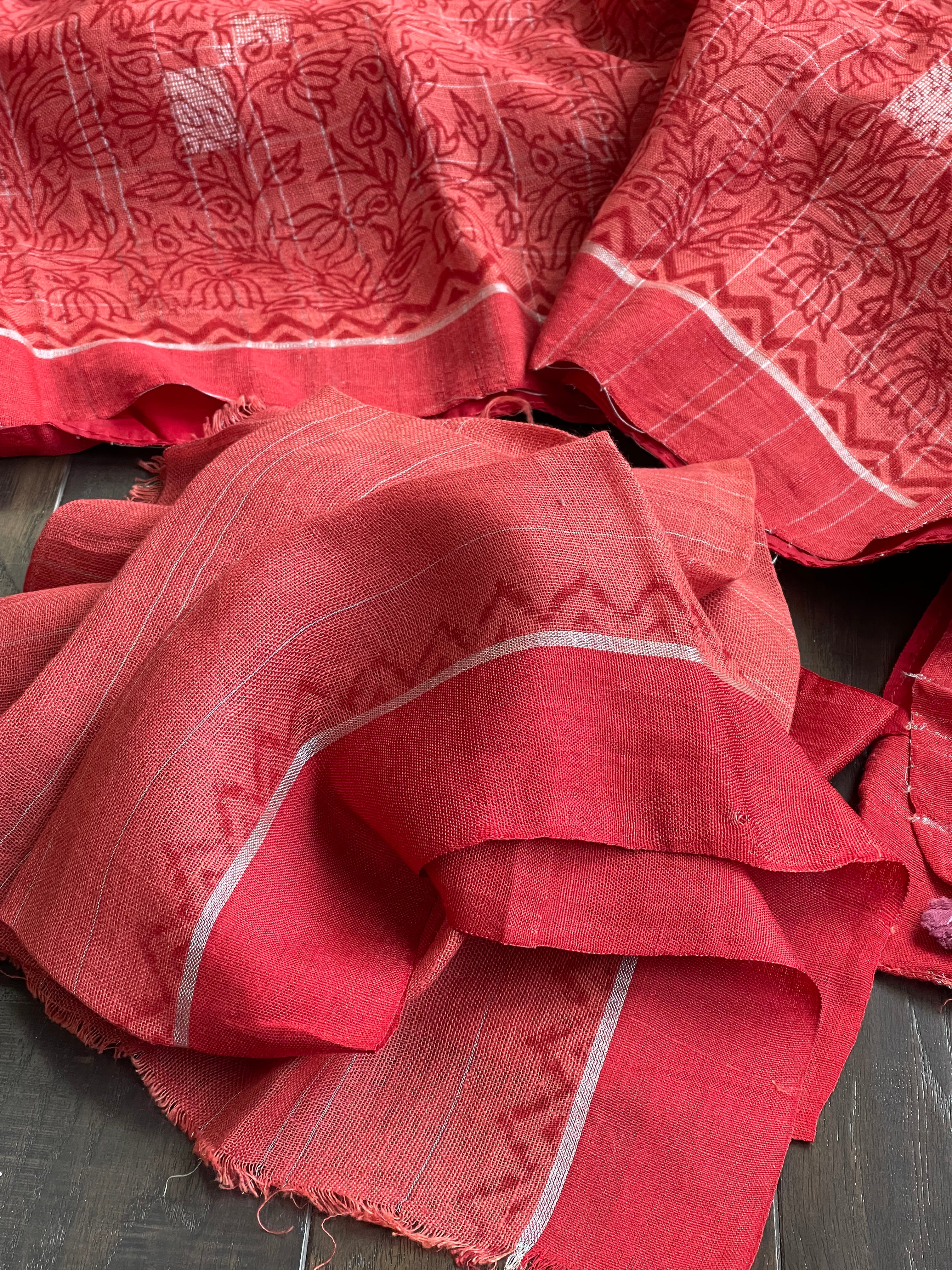 Linen Printed - Red Rust Silver Zari