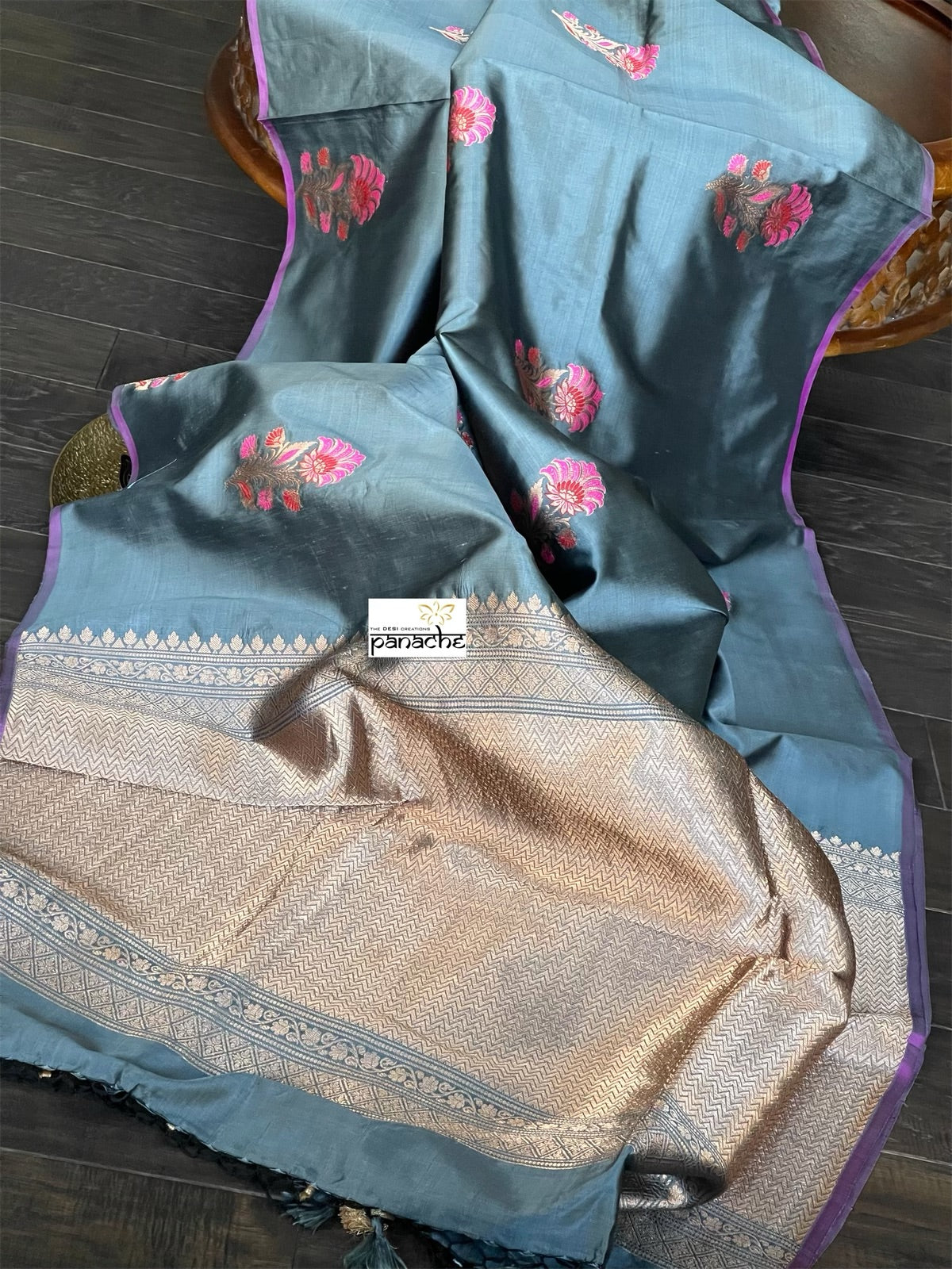 Pure Katan Silk Banarasi - Bluish Grey Purple