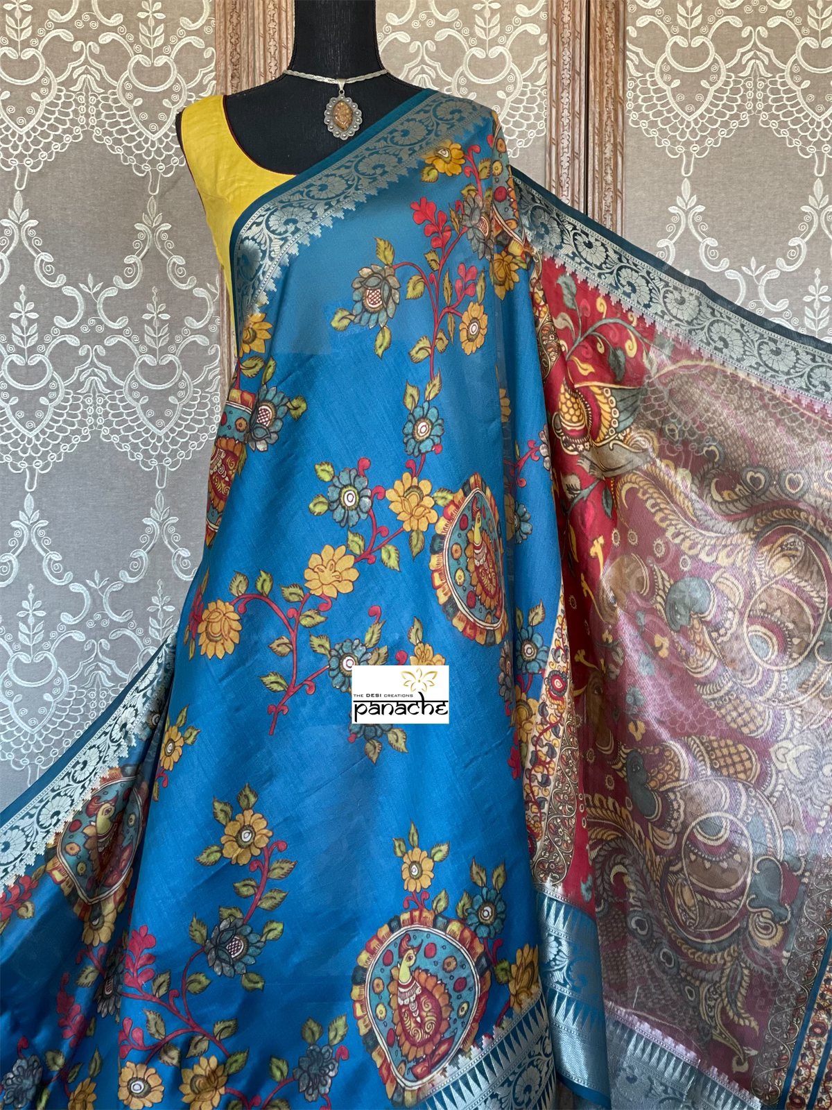 Chiniya Silk Banarasi - Blue Kalamkari Printed