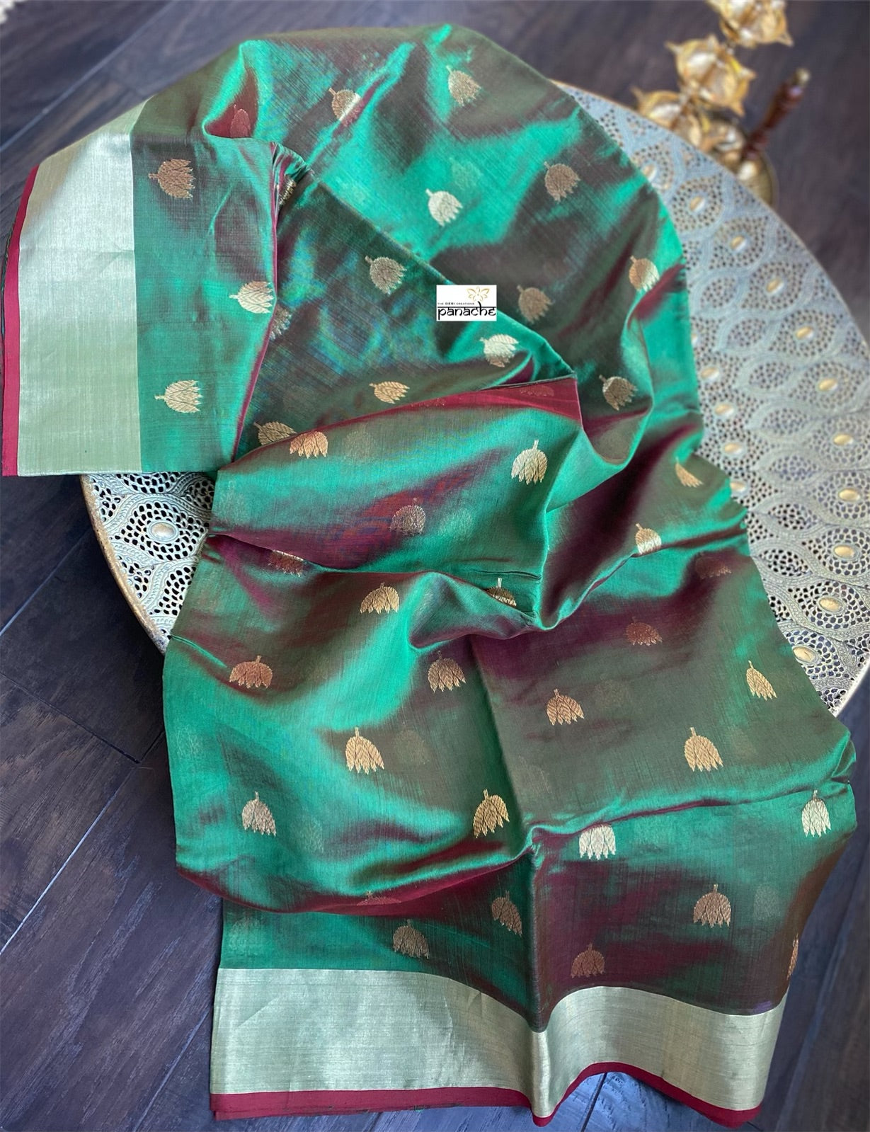 Pure Chanderi Silk - Green Dual Shaded Golden Zari