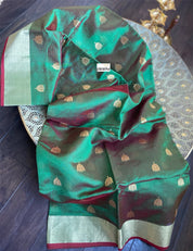 Pure Chanderi Silk - Green Dual Shaded Golden Zari