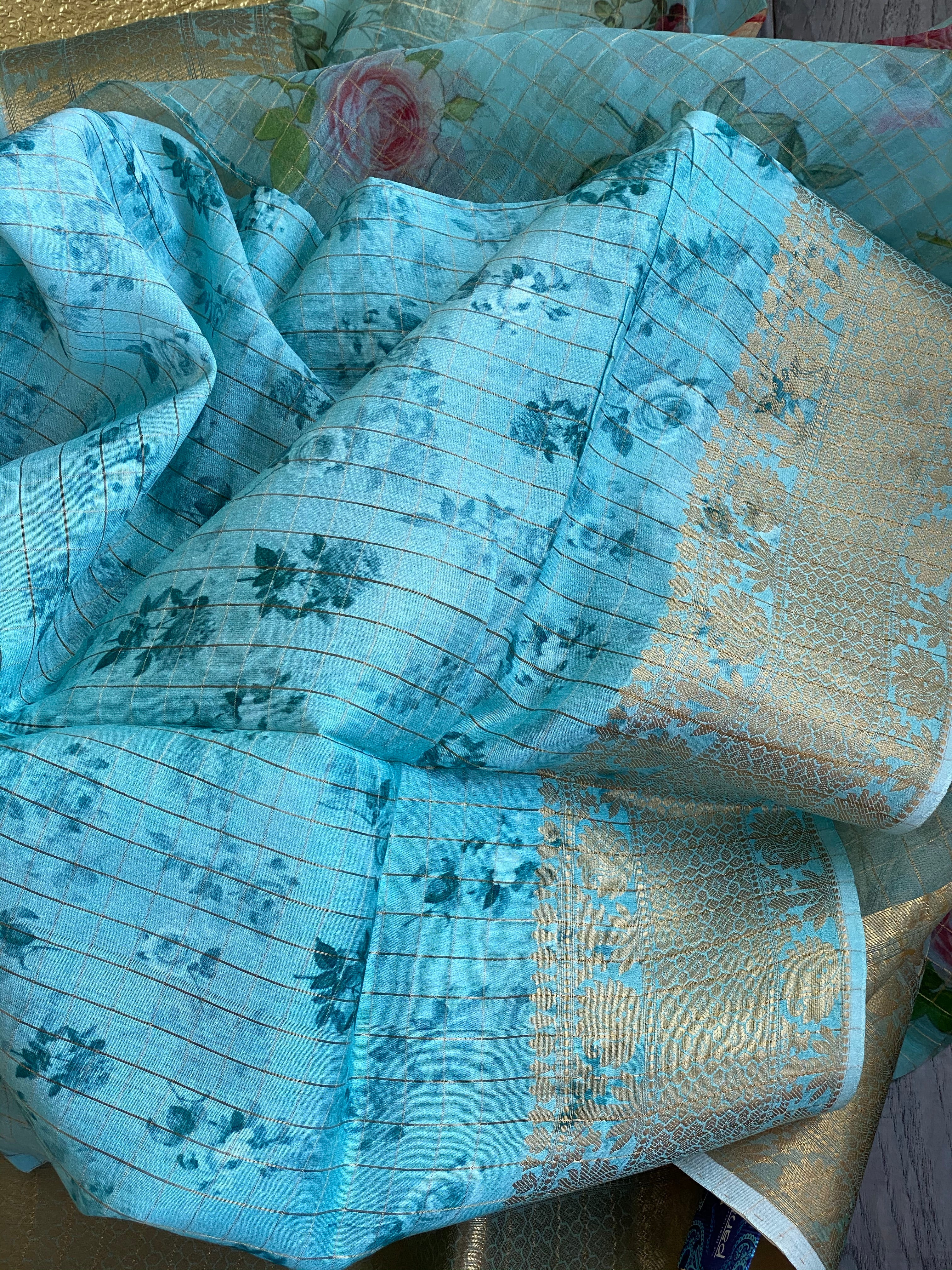 Banarasi Organza Floral - Seagreen Golden Zari Checks