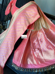Pure Katan Silk Benarasi - Ivory Pink Golden Silver Zari
