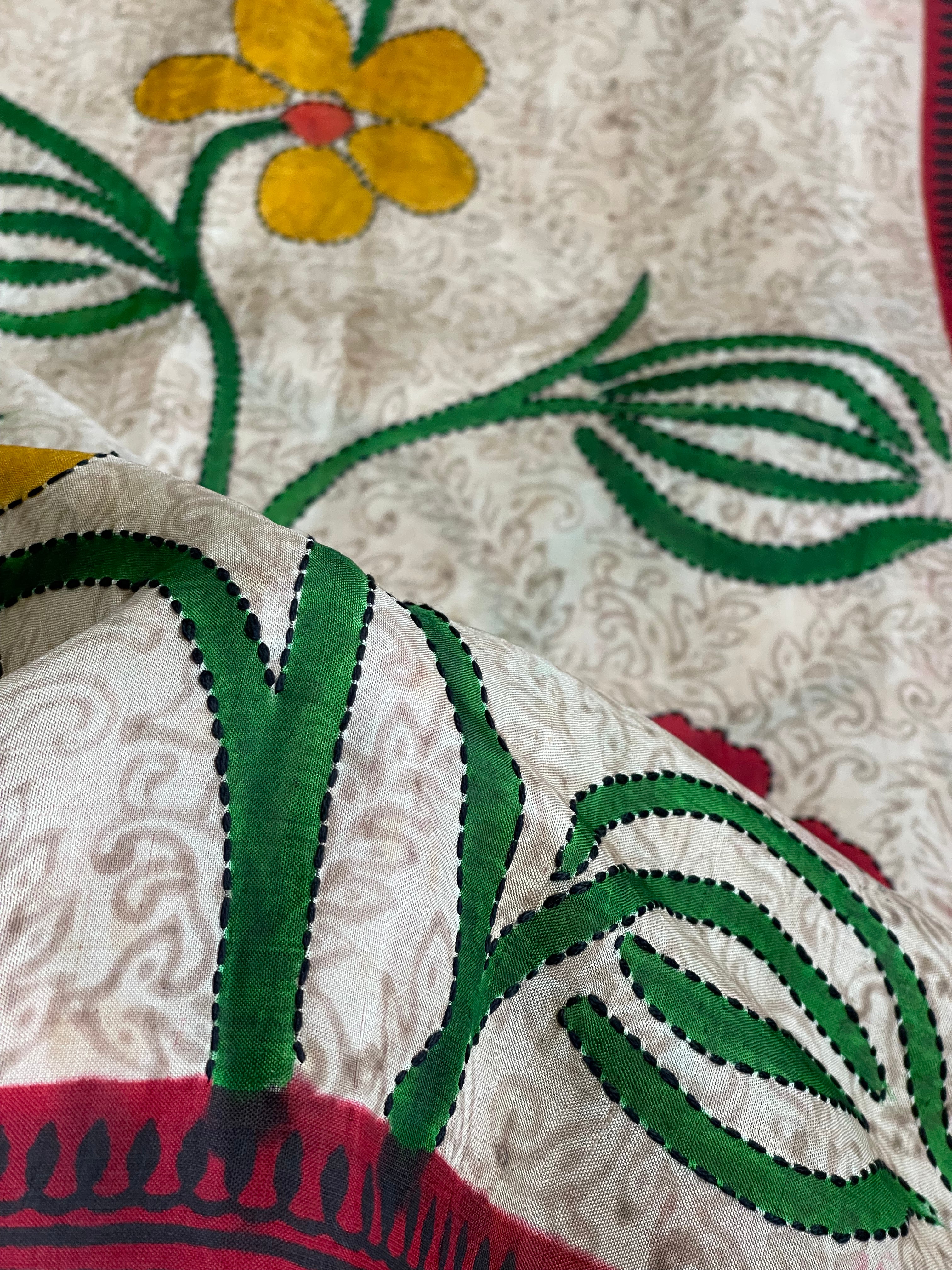Pure Tussar Silk - Beige Red Black
