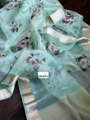 Banarasi Organza Floral - Mint Antique Golden Zari