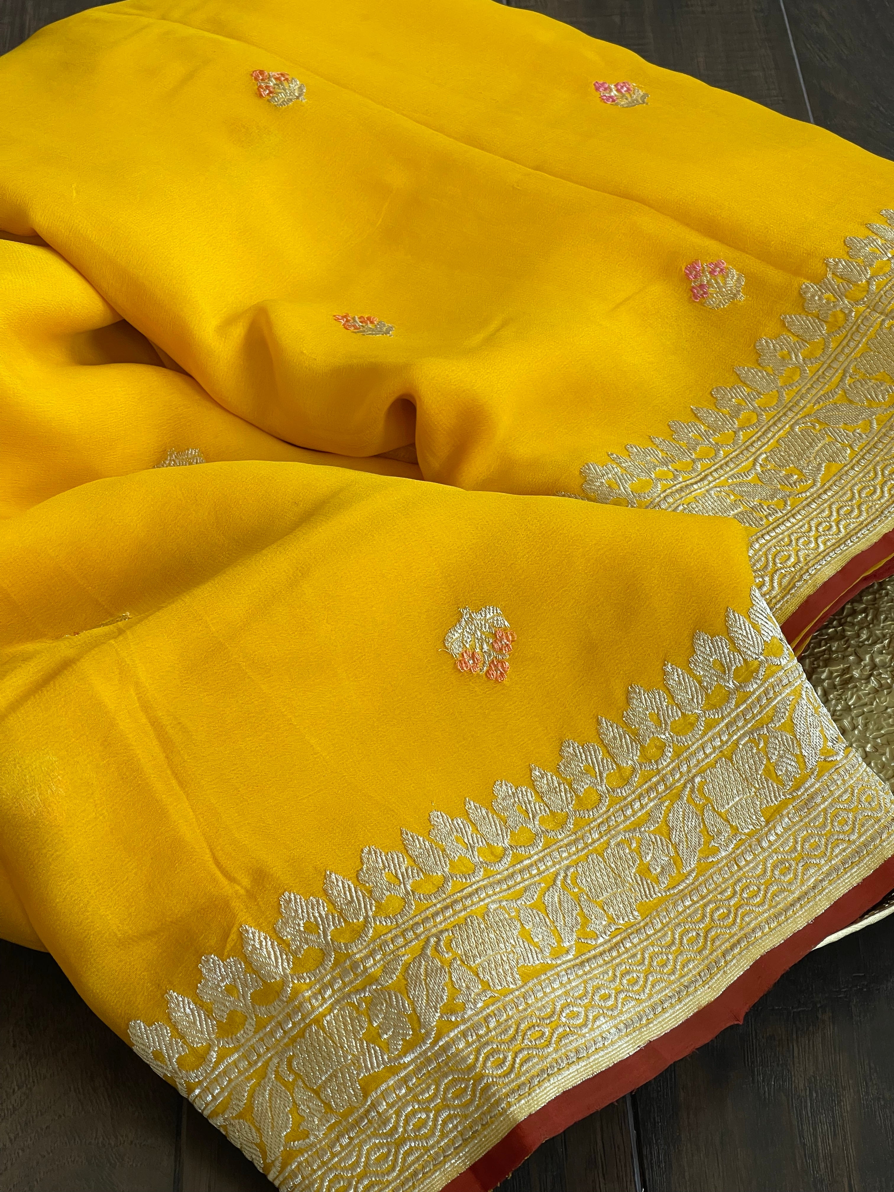 Khaddi Georgette Banarasi - Yellow Red Khadhua Woven
