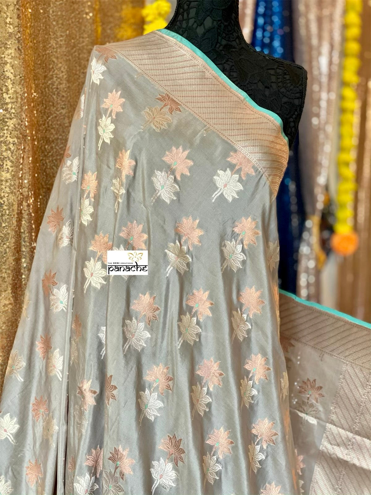 Pure Katan Silk Banarasi - Grey Kadhwa woven