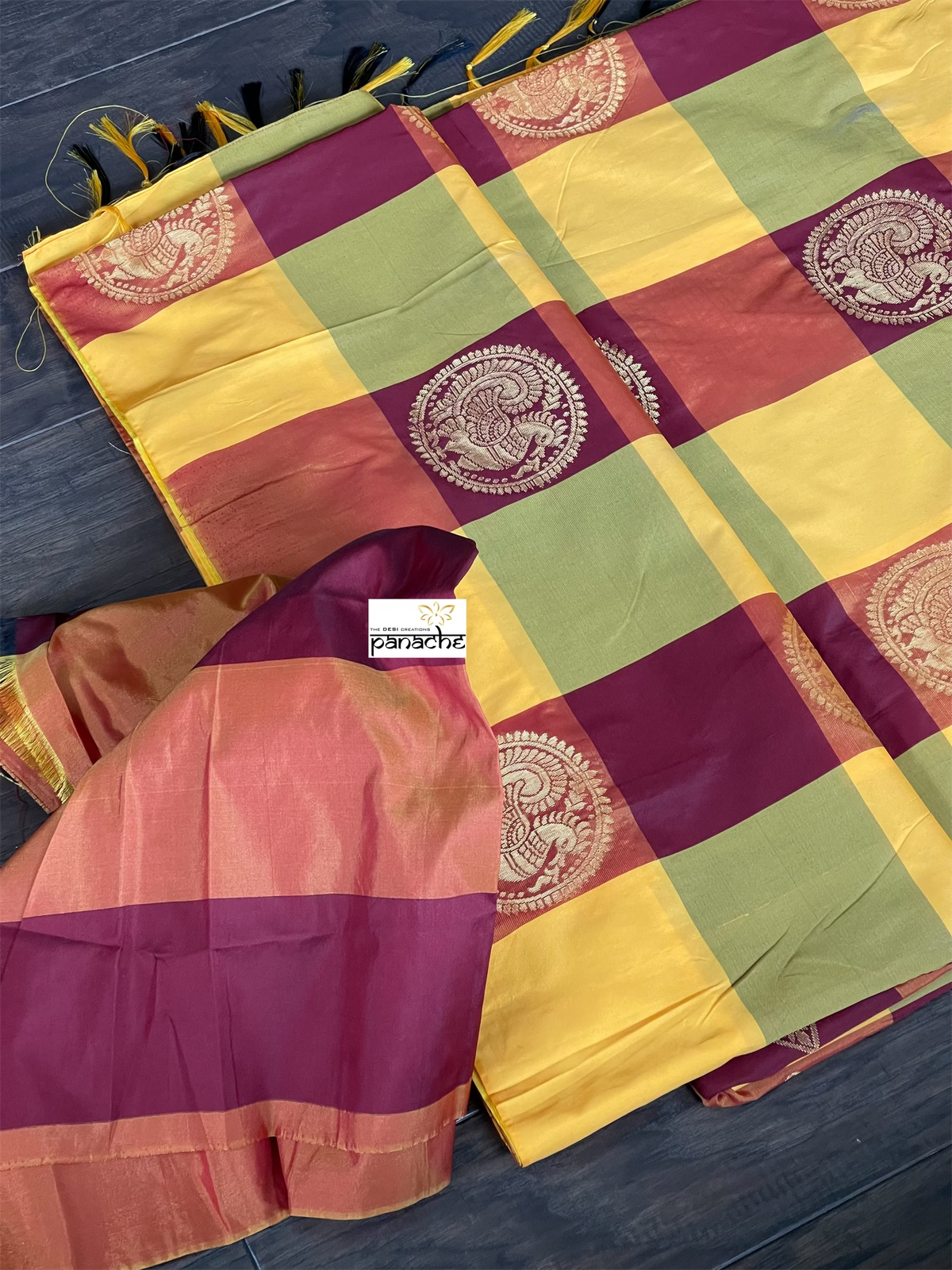 Soft Silk Kanjivaram - Yellow Maroon Checkered