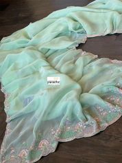 Designer Satin Organza - Mint Hand Embroidered