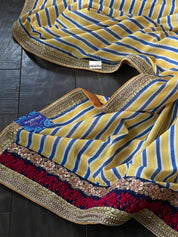 Muslin Soft Silk Printed - Blue Yellow Striped