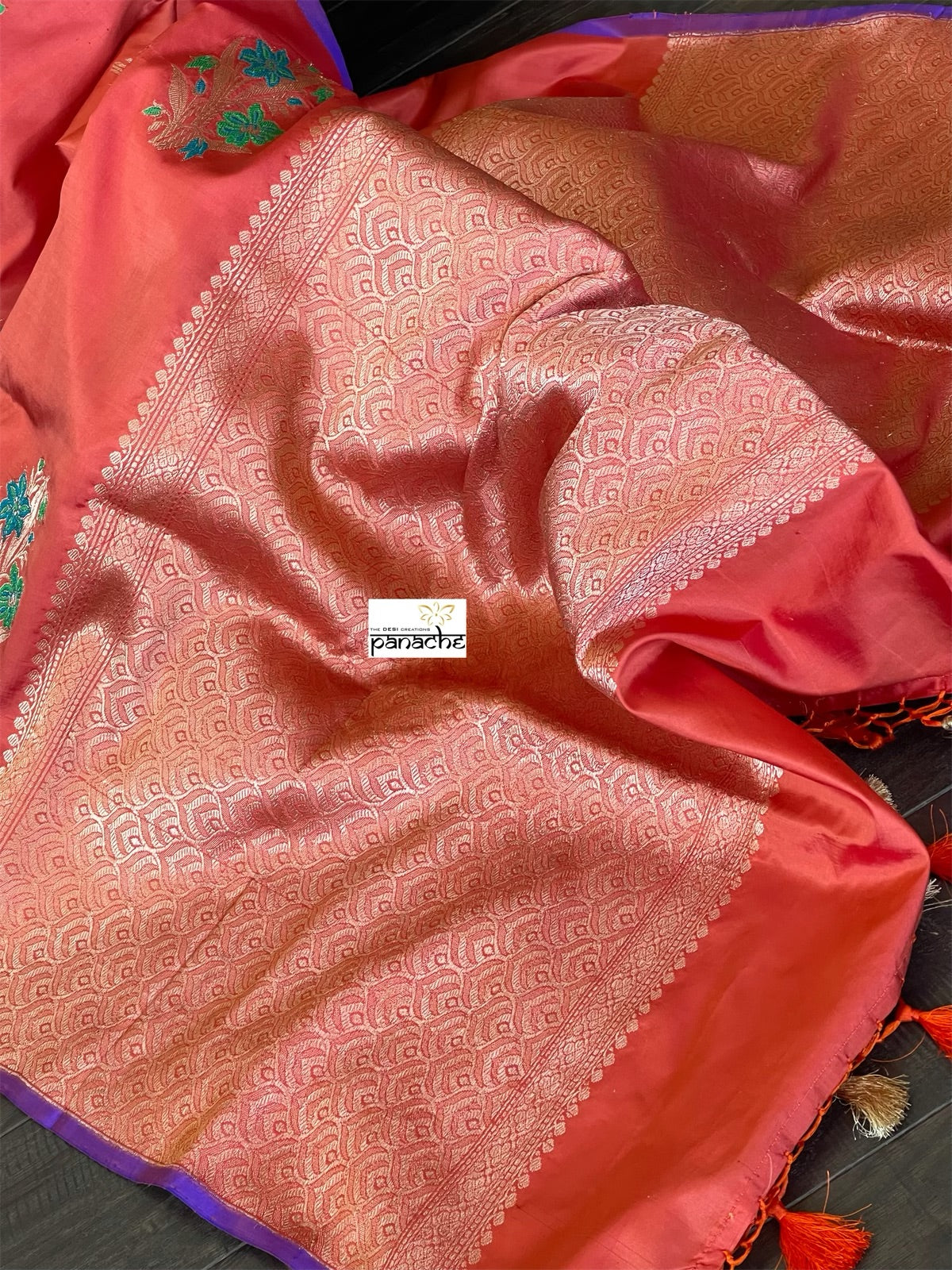 Katan Silk Banarasi - Red Orange Meenakari