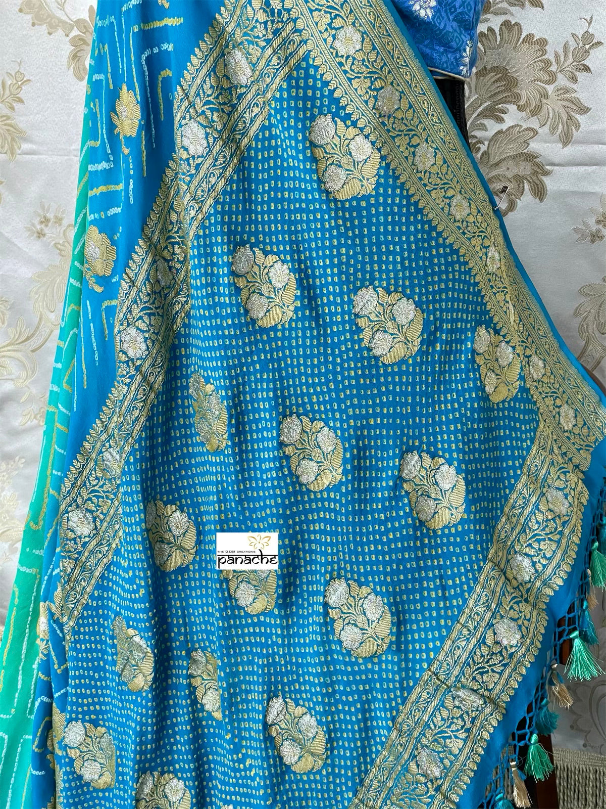 Bandhej Khaddi Georgette Banarasi - Firozi Sea Green Kadwa