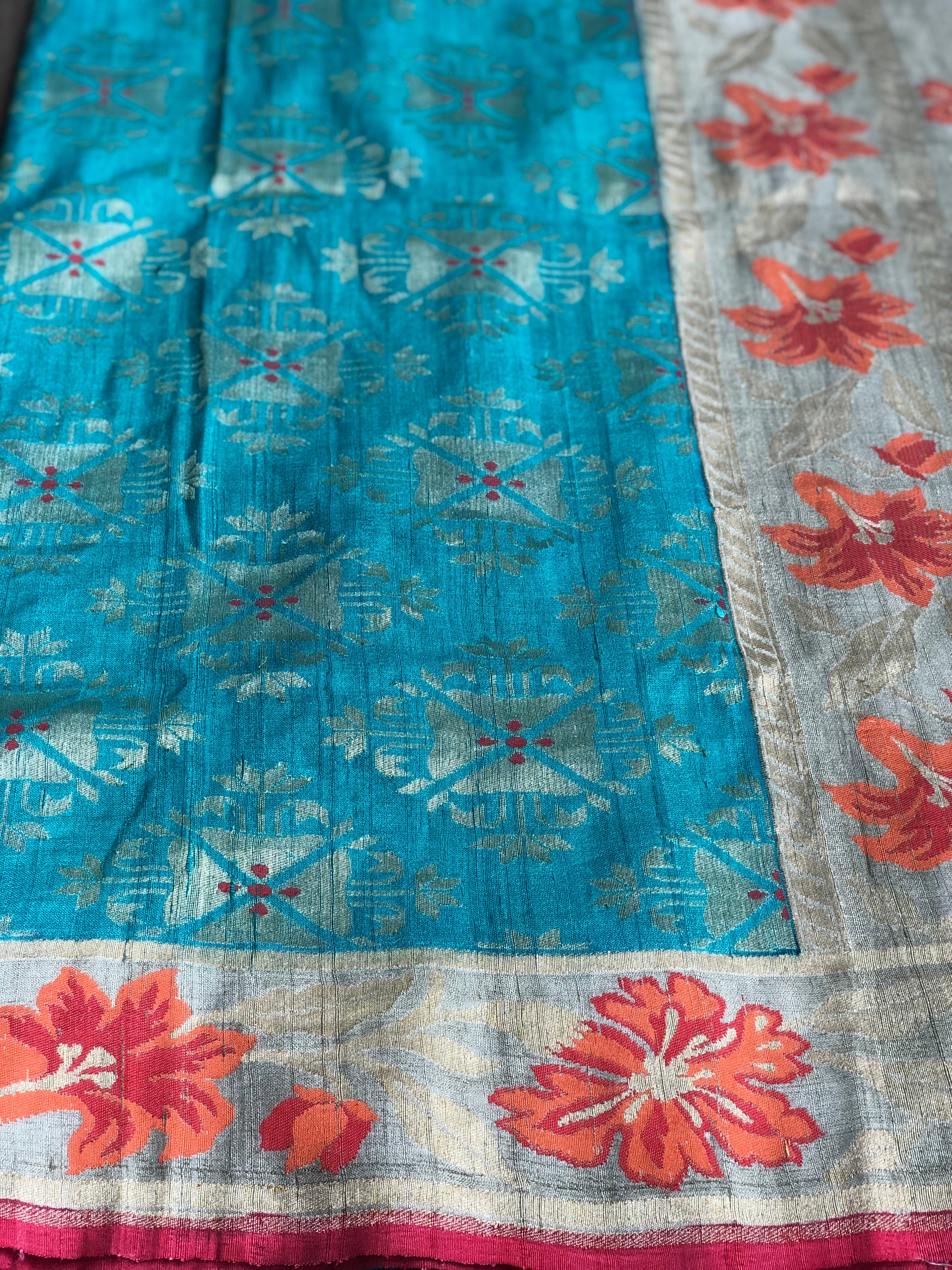 Tussar Georgette Banarasi- Teal Blue Orange Paithani border