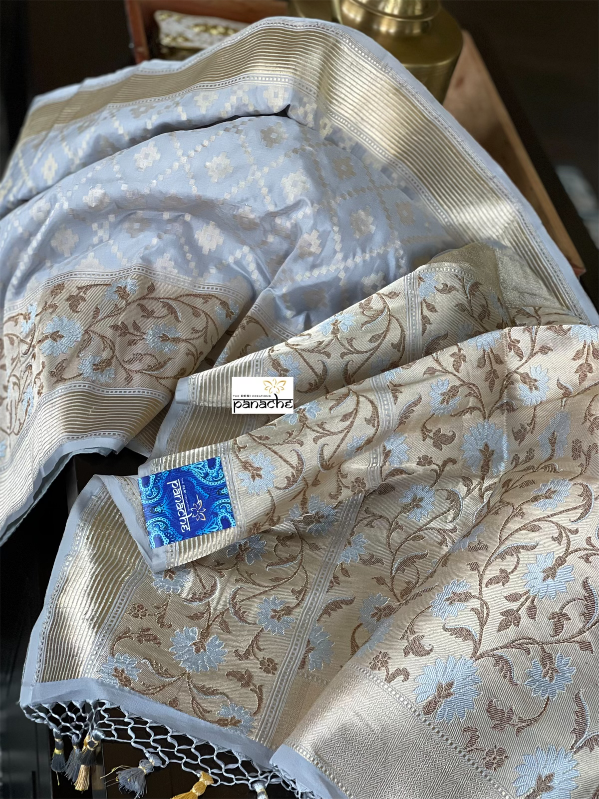 Pure Katan Silk Banarasi - Silver Grey Paithani