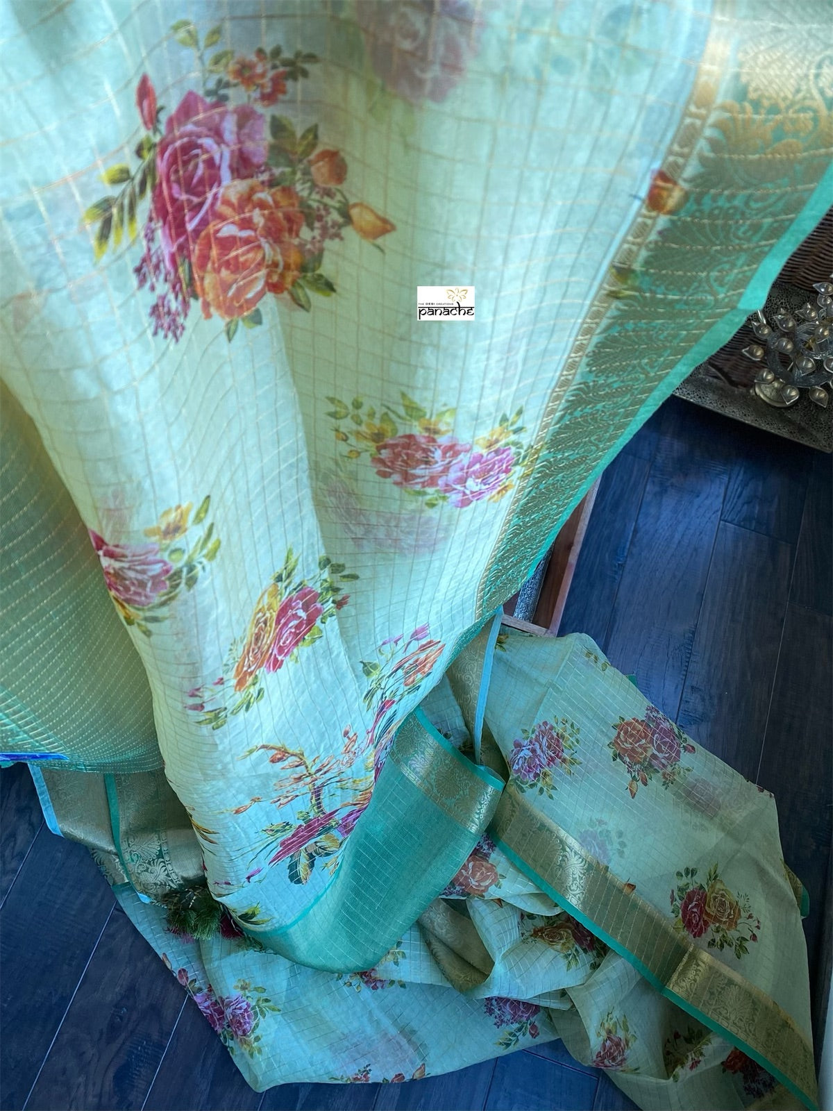Banarasi Organza Floral - Lime-green Golden Zari Checks