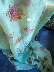 Banarasi Organza Floral - Lime-green Golden Zari Checks